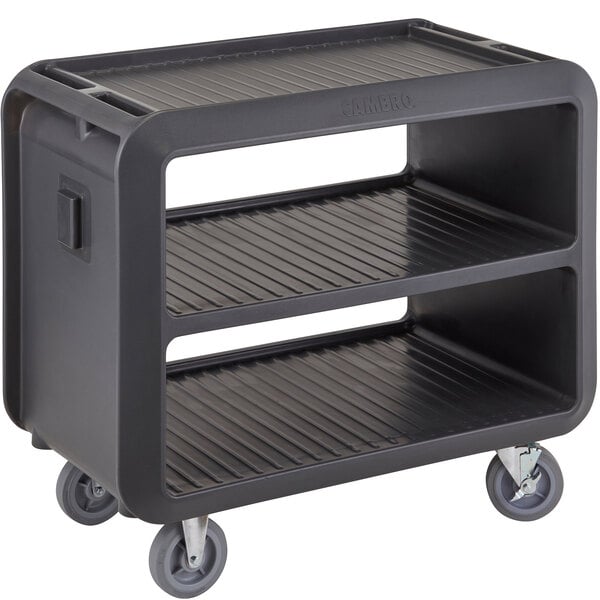 A black plastic Cambro service cart with wheels.