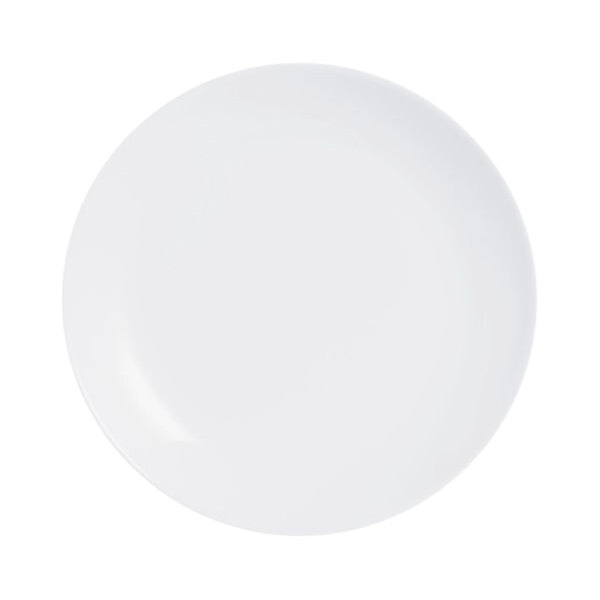 An Arcoroc white round rimless opal glass dessert plate on a white background.