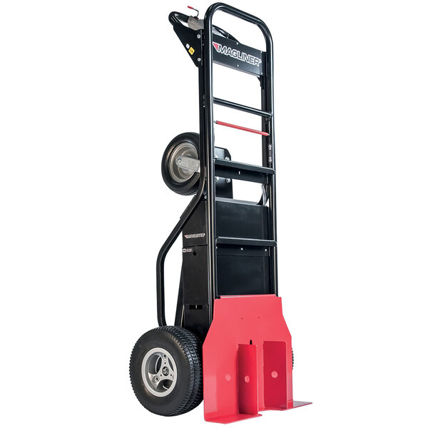 A black and red Magliner motorized hand truck with foam filled wheels.