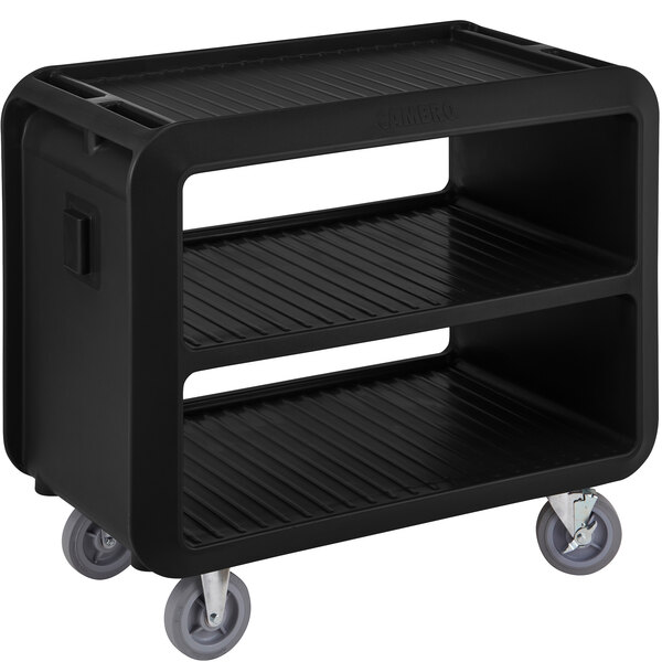 A black plastic Cambro service cart with wheels.