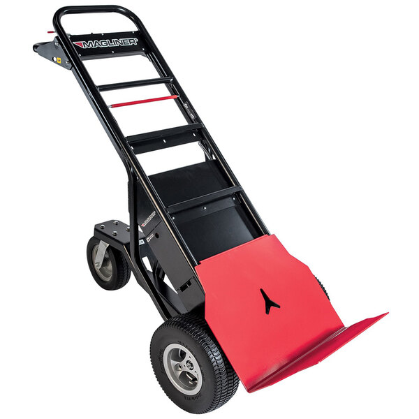 A black and red Magliner motorized hand truck with a red handle.