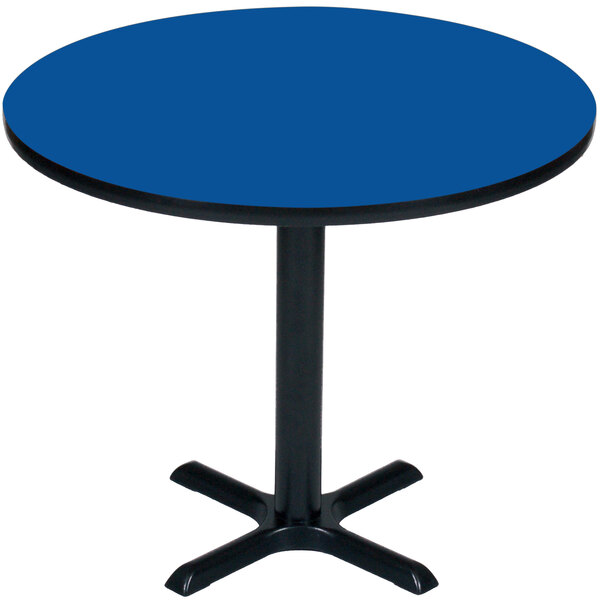 A Correll 36" round blue table with a black base.