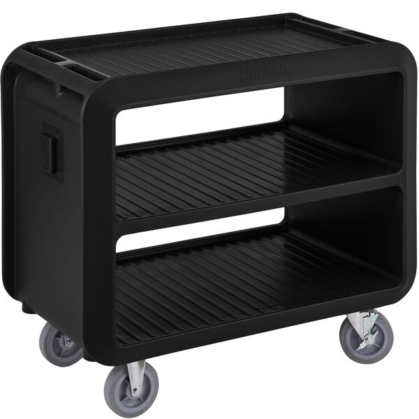 a black cart with wheels