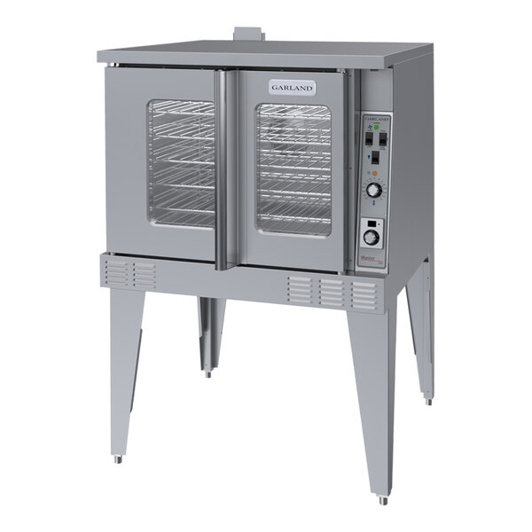 A Garland commercial convection oven with a door open.