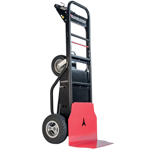 A black and red Magliner motorized hand truck with a red handle.