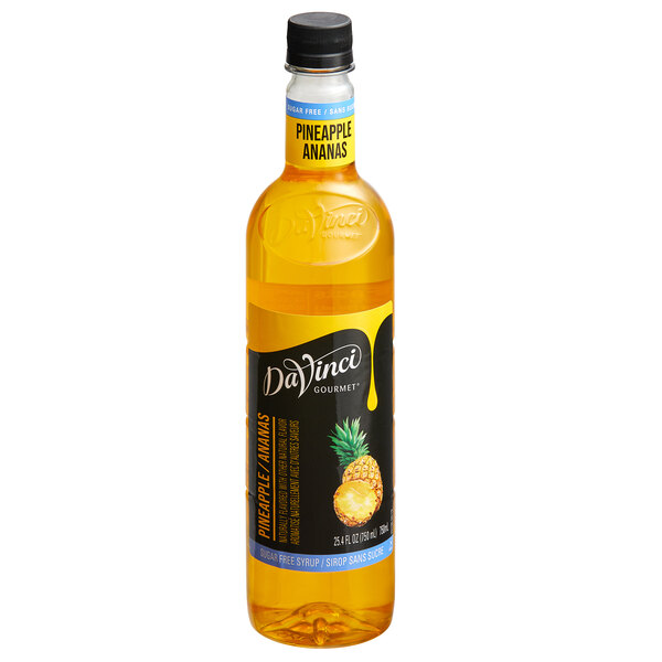 A bottle of DaVinci Gourmet Sugar Free Pineapple Fruit Syrup with a label.