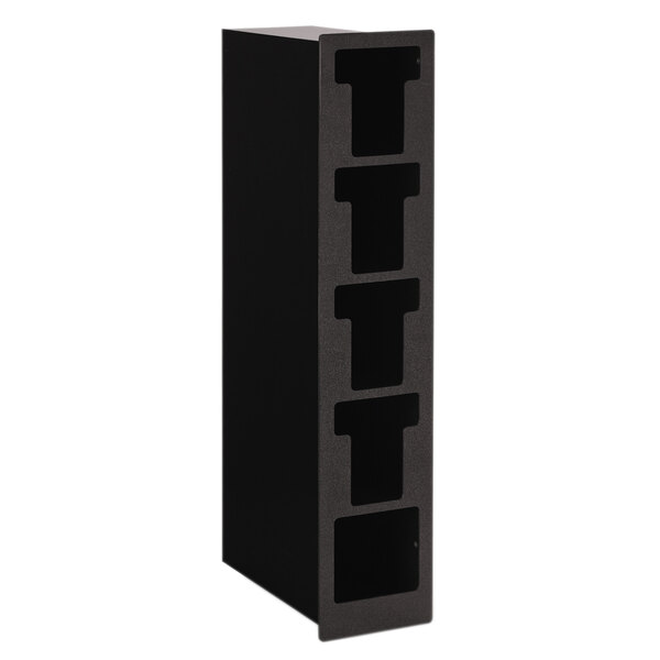 A black rectangular Vollrath lid holder with four straw slots.