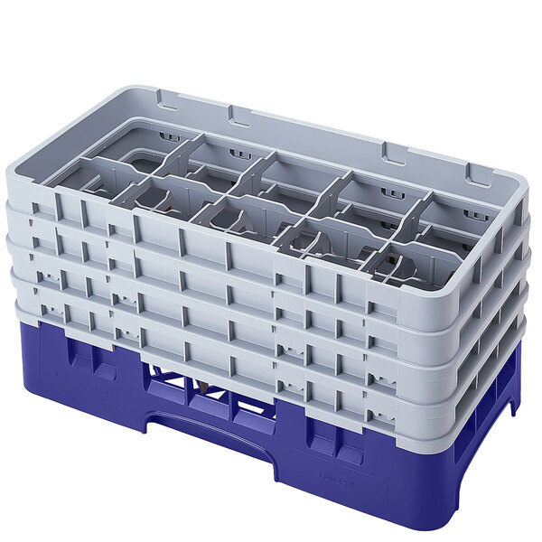 A navy blue plastic Cambro glass rack with 10 compartments.