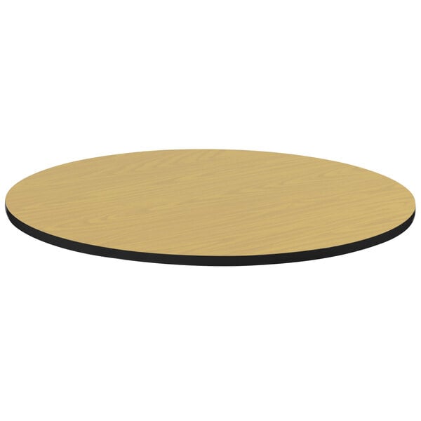 A Correll round wood table with a black edge.