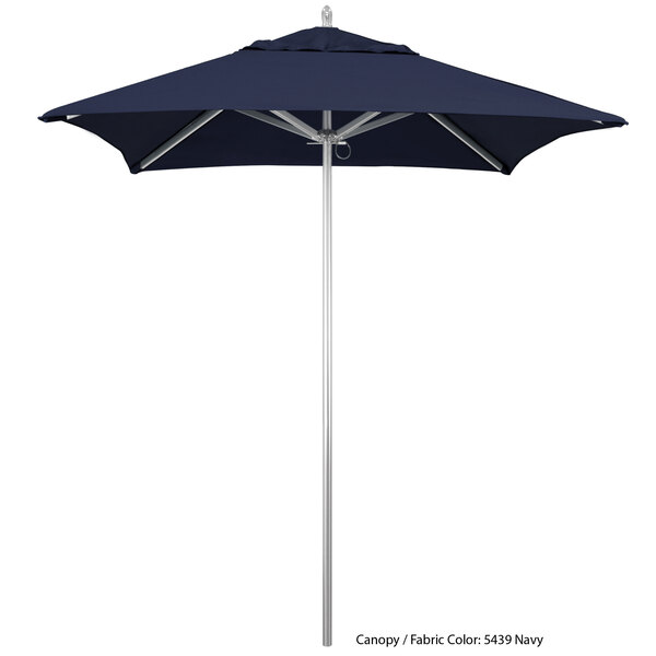 A California Umbrella with a blue Sunbrella canopy and an aluminum pole.
