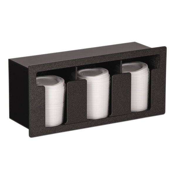 a black container with white plastic cups