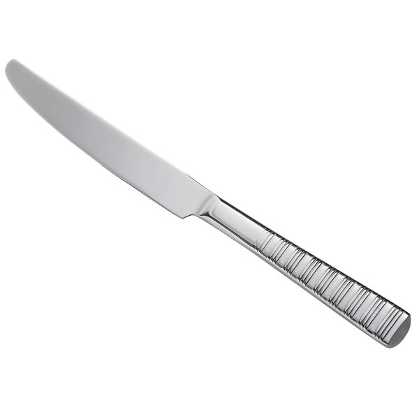 A silver knife with a stainless steel handle.