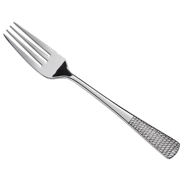 A close-up of a Reserve by Libbey stainless steel salad fork with a textured handle.