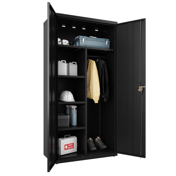 A black metal Hirsh Industries wardrobe cabinet with a white door open.