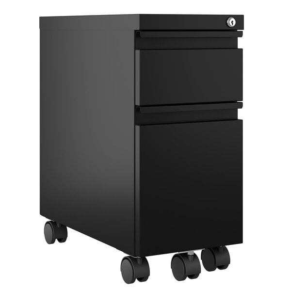 A black Hirsh Industries mobile filing cabinet with wheels.