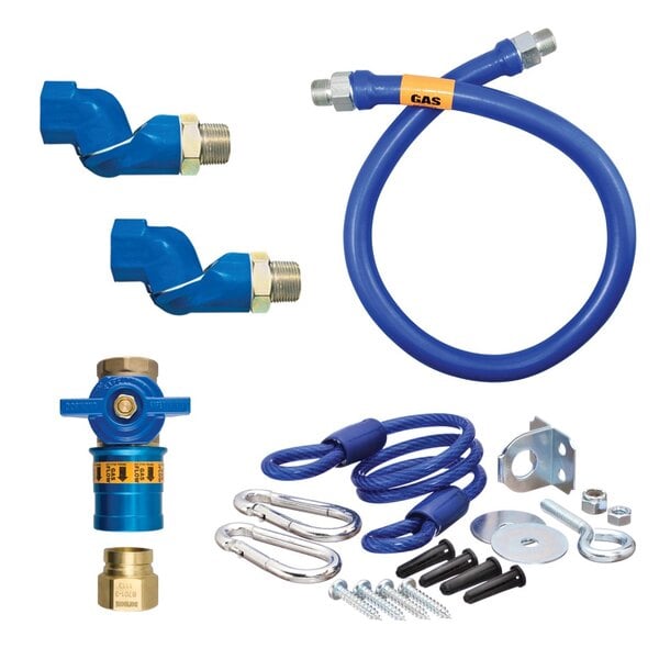 A blue Dormont gas connector kit with two hoses and swivels.