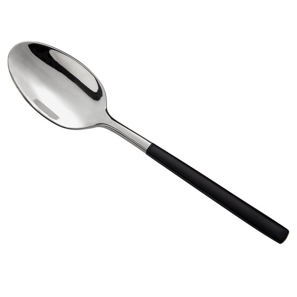 A silver spoon with a black handle.