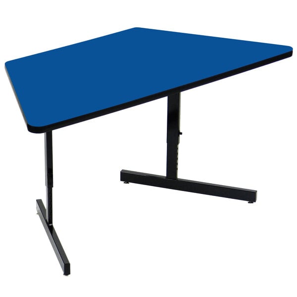 A blue trapezoid table with black legs.