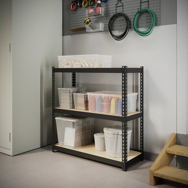 Hirsh 22539 30" x 12" x 30" Black Three-Shelf Boltless Shelving Unit with Particleboard Decking