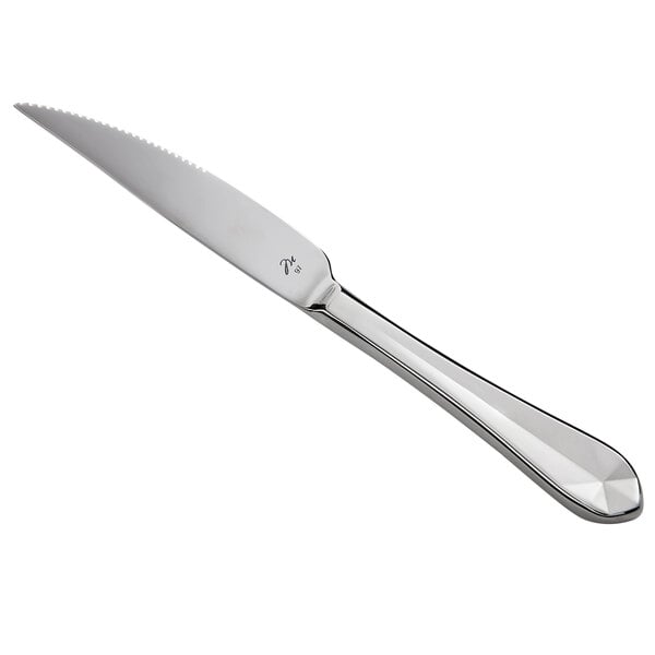 A silver knife with a silver handle.