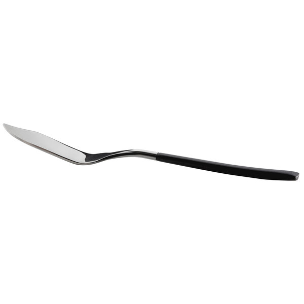 A Reserve by Libbey stainless steel butter spreader with a black handle.