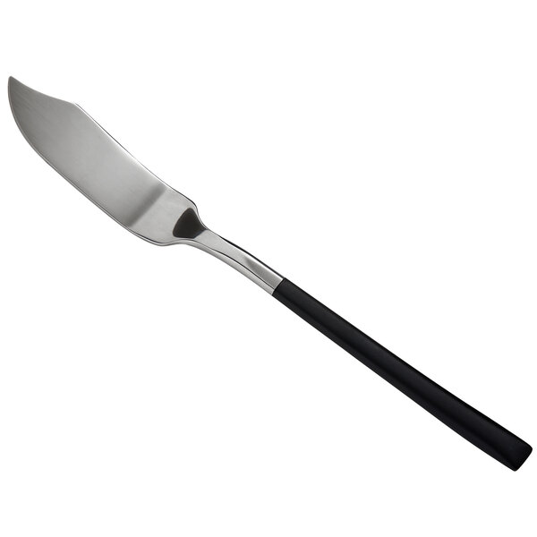 A silver knife with a black handle.