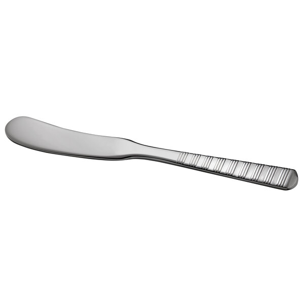 A silver butter spreader with a stainless steel handle.