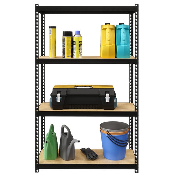 A black Hirsh Industries boltless shelving unit with various items on the shelves.