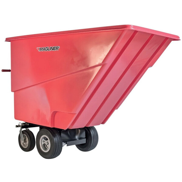 A red Magliner motorized hopper cart with dual handle bars and foam filled wheels.