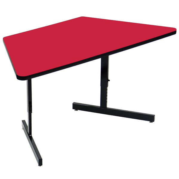 A red trapezoid table with black legs.