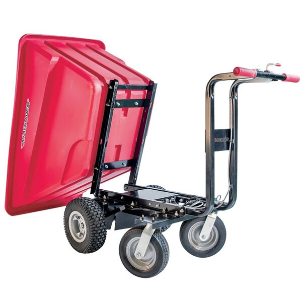 A red Magliner motorized hopper cart with black wheels.