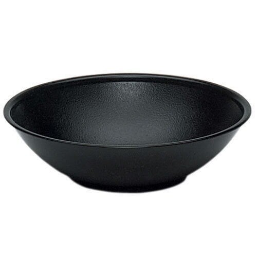 A close-up of a black Cambro salad bowl.