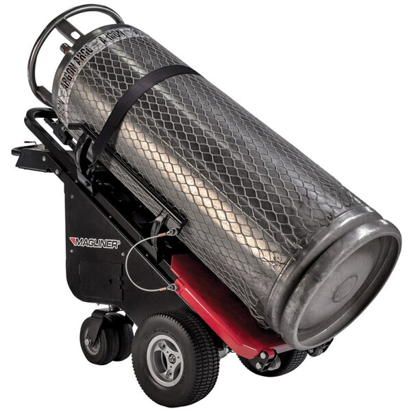 A Magliner motorized Dewar cart with a large cylinder on it.