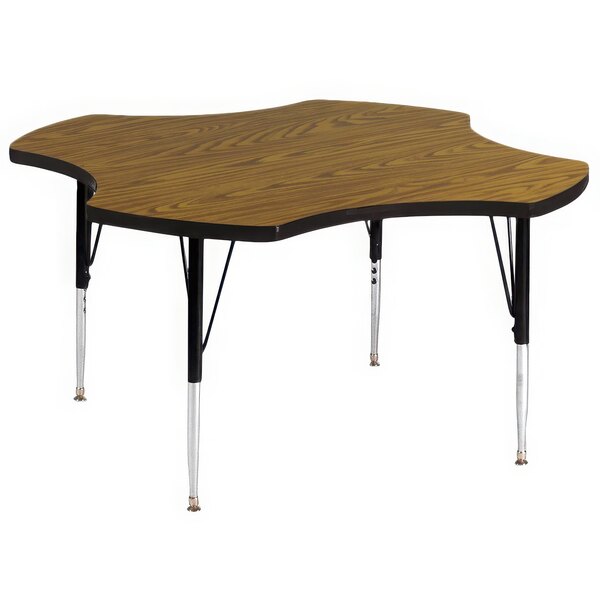 A Correll activity table with a medium oak finish and adjustable height, featuring a star shaped wooden top.