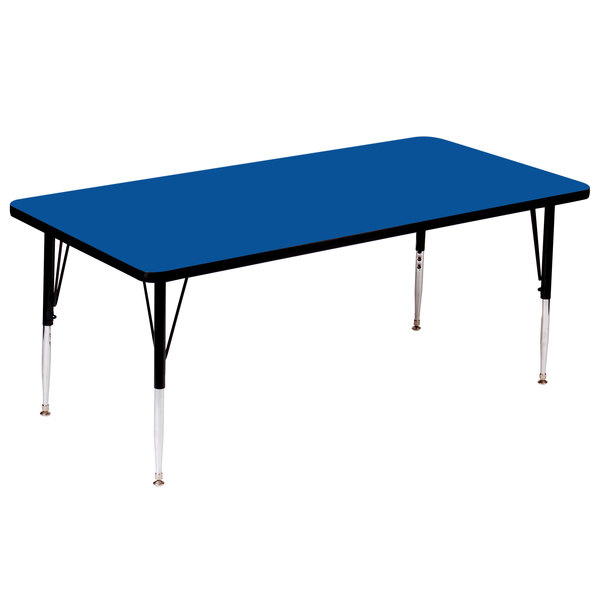 A blue rectangular Correll activity table with adjustable legs.