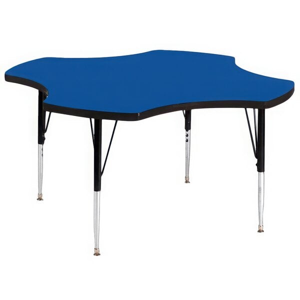 A blue Correll clover-shaped activity table with black adjustable legs.