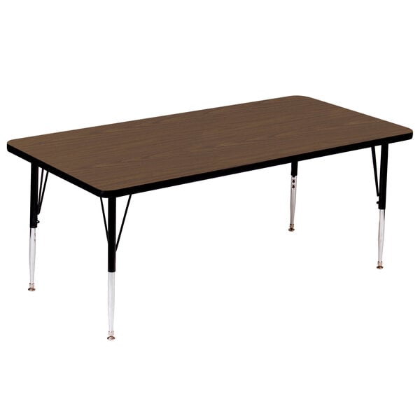 A brown rectangular Correll activity table with black legs.