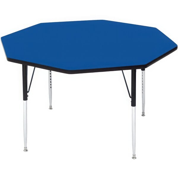 A blue Correll hexagon activity table with adjustable legs.