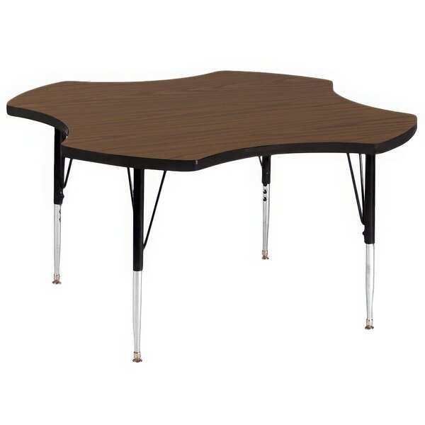 A Correll activity table with an adjustable height and a walnut brown top in a star shape.