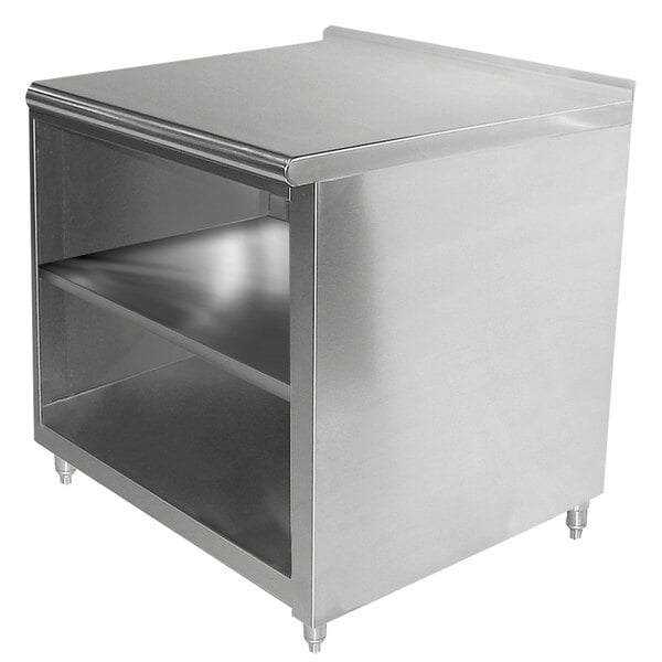 A stainless steel Advance Tabco work table with fixed mid shelf.