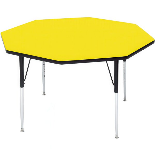 A yellow octagon-shaped Correll activity table with adjustable legs.