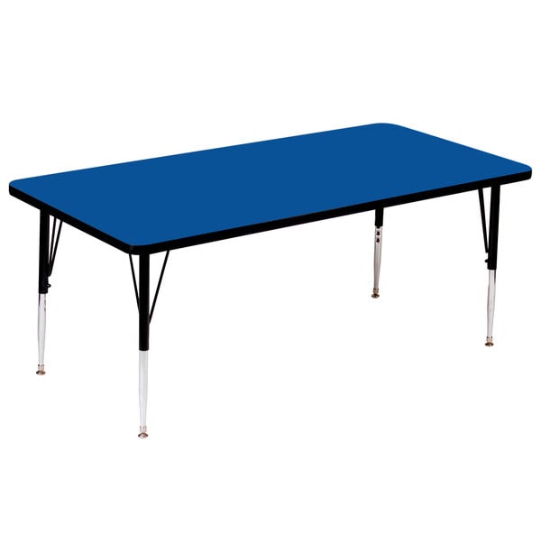 A blue rectangular Correll activity table with black legs.