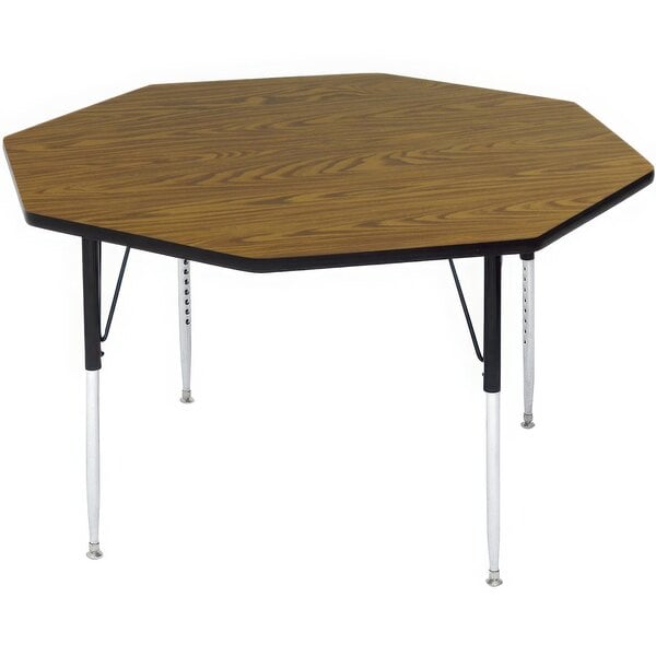 A wooden Correll octagon activity table with legs and a black edge.