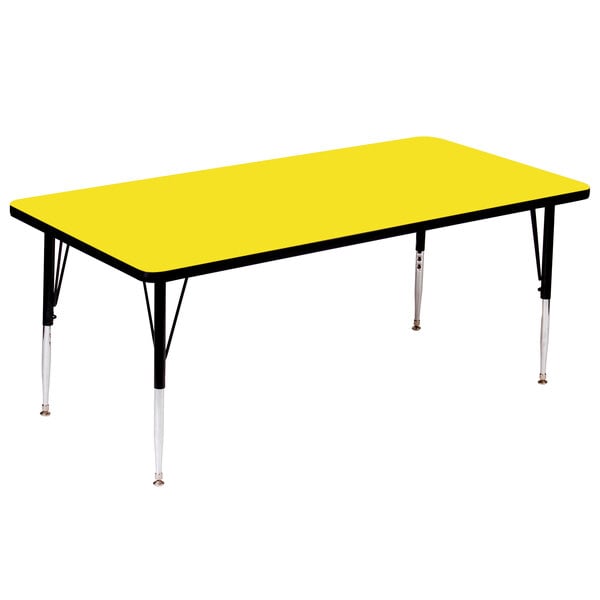 A yellow rectangular Correll activity table with adjustable black legs.