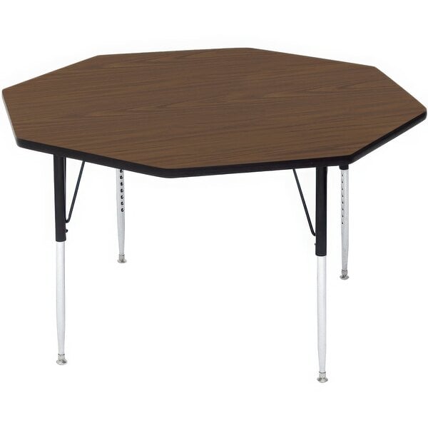 A brown hexagon shaped Correll activity table with black legs.