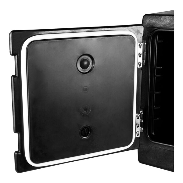 An open black door with a white gasket lining the inner edge, attached with metal hinges.