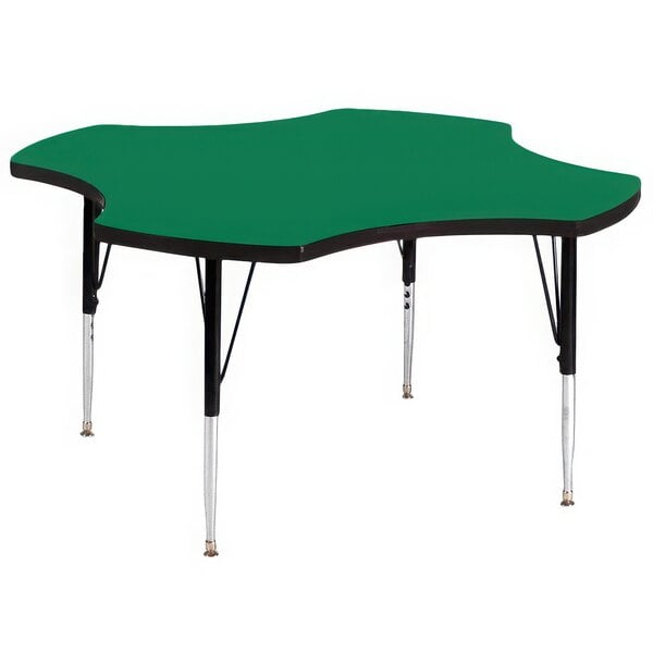 A Correll green high-pressure activity table with adjustable black legs.