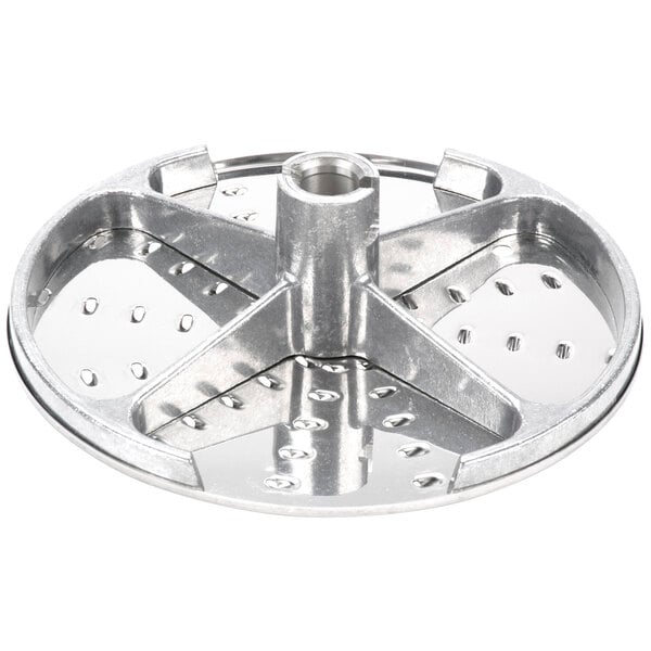 A Robot Coupe 1/8" Grating / Shredding Disc, a circular metal object with holes.