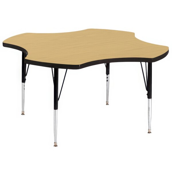 A Correll activity table with a maple finish and black frame.