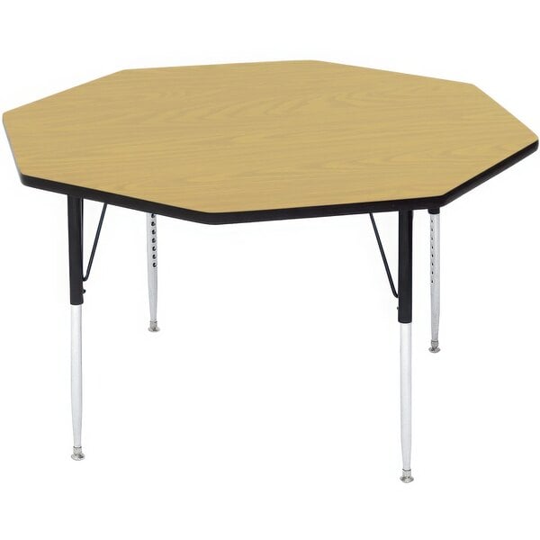 A Correll octagon activity table with adjustable legs and a wooden surface.